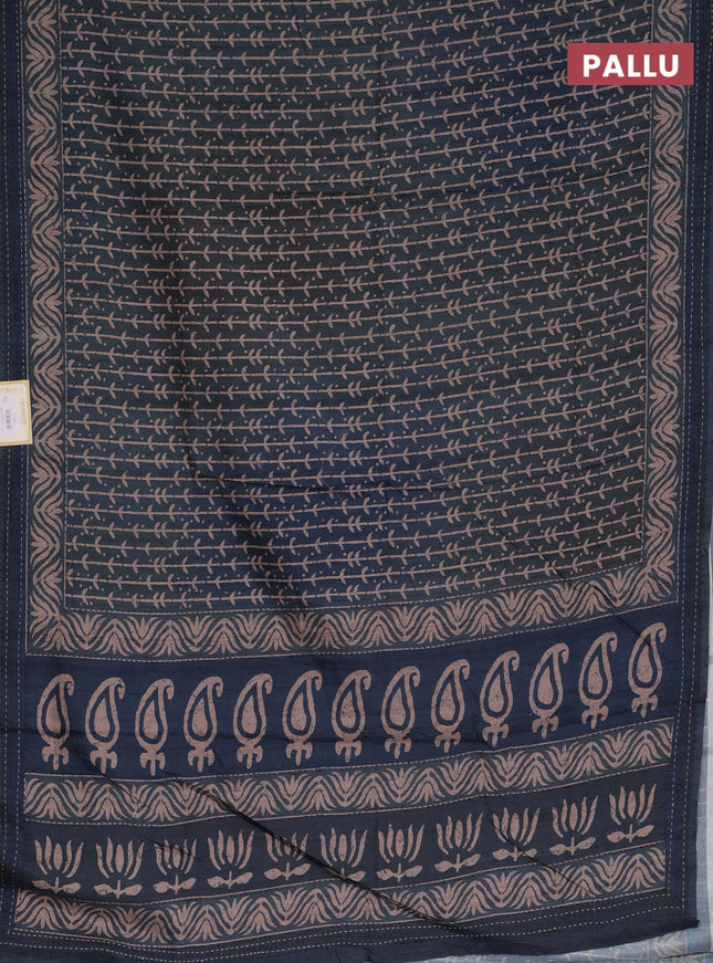Semi tussar saree dark peacock blue with allover prints and kantha stitch work border