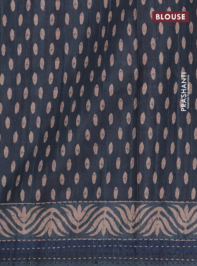 Semi tussar saree dark peacock blue with allover prints and kantha stitch work border