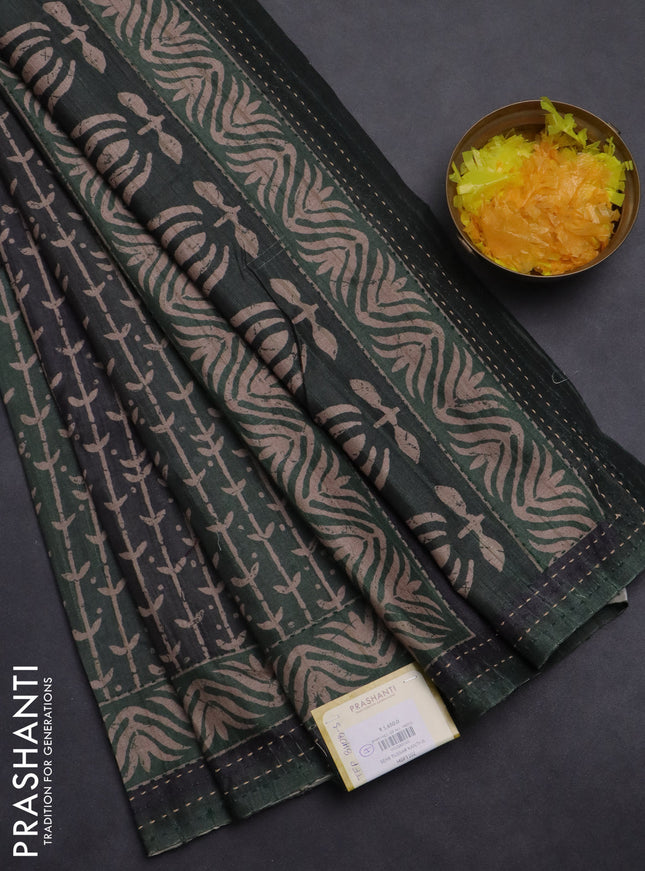 Semi tussar saree dark sap green with allover prints and kantha stitch work border
