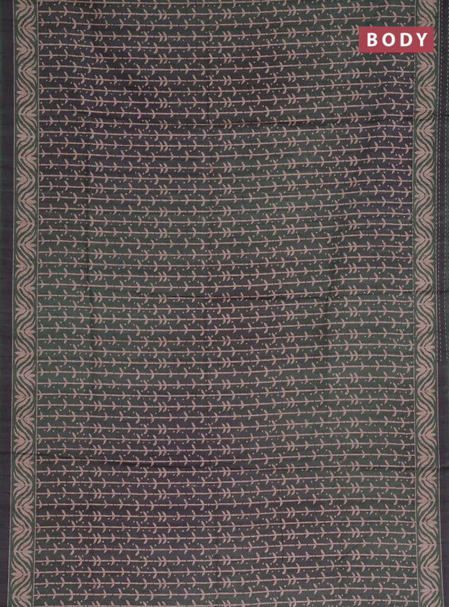 Semi tussar saree dark sap green with allover prints and kantha stitch work border