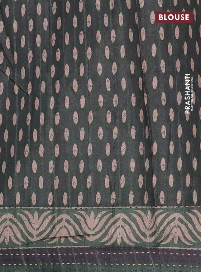 Semi tussar saree dark sap green with allover prints and kantha stitch work border