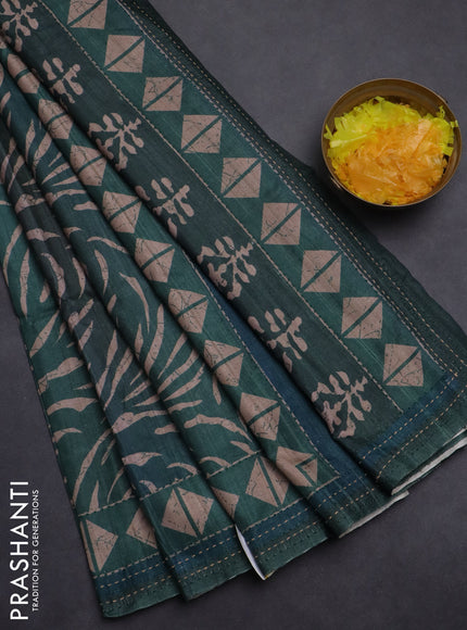 Semi tussar saree peacock green with allover prints and kantha stitch work border