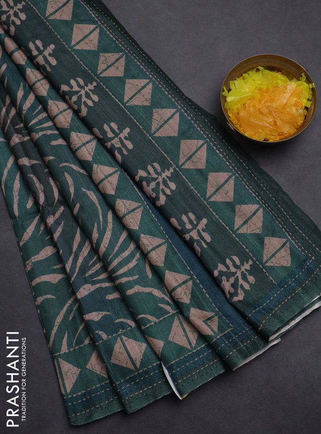 Semi tussar saree peacock green with allover prints and kantha stitch work border