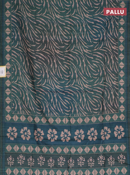 Semi tussar saree peacock green with allover prints and kantha stitch work border