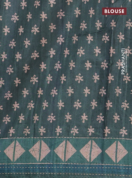 Semi tussar saree peacock green with allover prints and kantha stitch work border