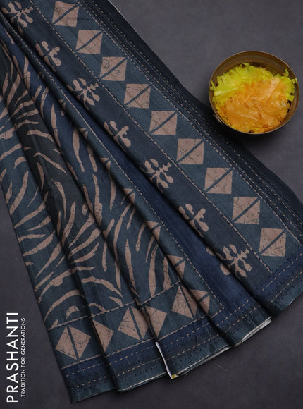 Semi tussar saree dark peacock blue with allover prints and kantha stitch work border