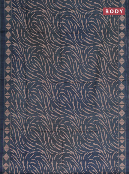 Semi tussar saree dark peacock blue with allover prints and kantha stitch work border