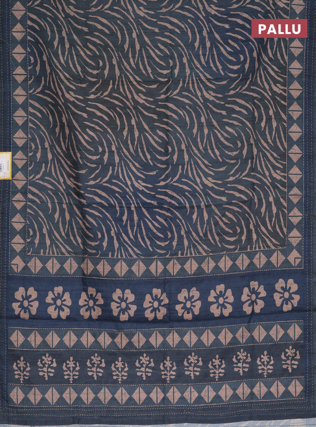 Semi tussar saree dark peacock blue with allover prints and kantha stitch work border