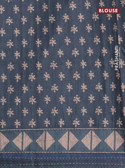 Semi tussar saree dark peacock blue with allover prints and kantha stitch work border
