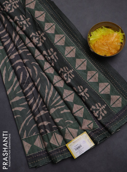 Semi tussar saree dark sap green with allover prints and kantha stitch work border