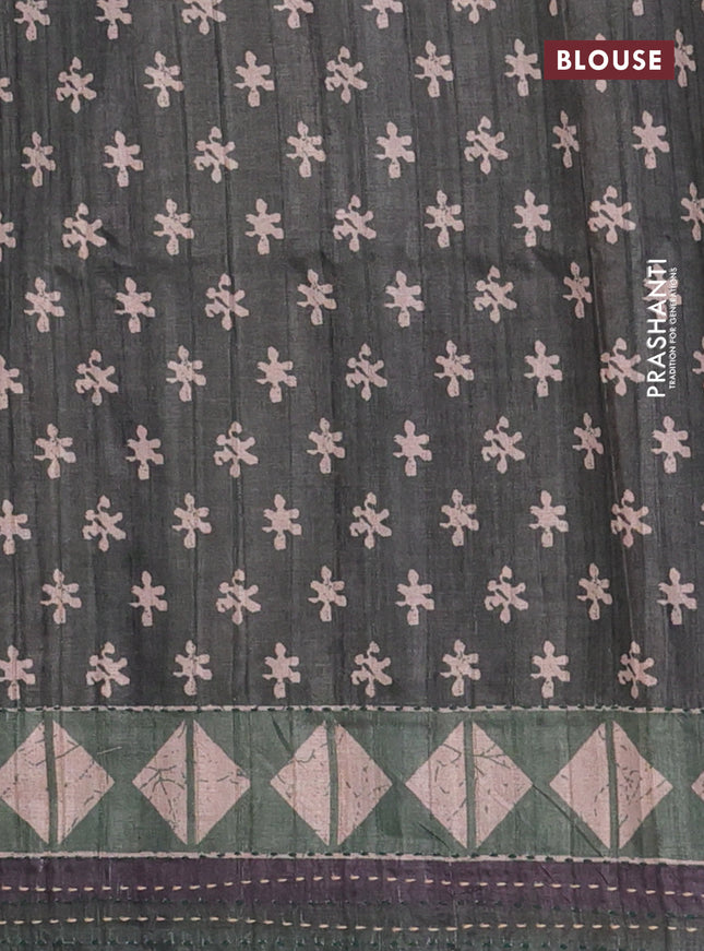 Semi tussar saree dark sap green with allover prints and kantha stitch work border