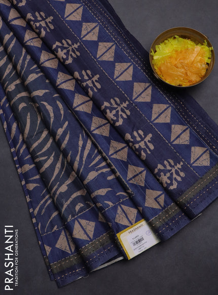 Semi tussar saree dark blue with allover prints and kantha stitch work border