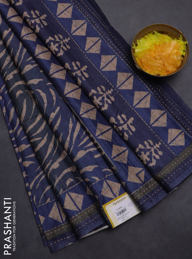 Semi tussar saree dark blue with allover prints and kantha stitch work border