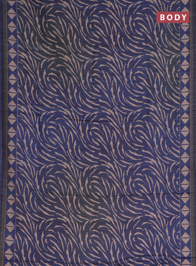 Semi tussar saree dark blue with allover prints and kantha stitch work border