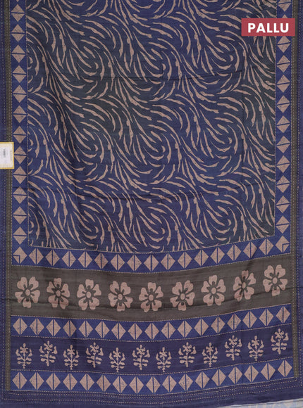 Semi tussar saree dark blue with allover prints and kantha stitch work border