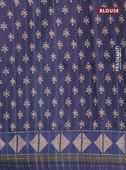 Semi tussar saree dark blue with allover prints and kantha stitch work border