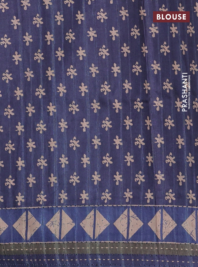 Semi tussar saree dark blue with allover prints and kantha stitch work border