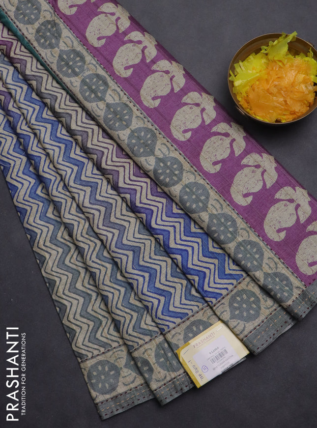 Semi tussar saree blue and grey shade with allover wevy prints and kantha stitch work border
