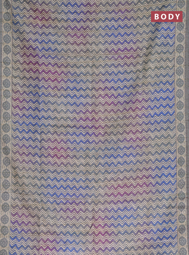 Semi tussar saree blue and grey shade with allover wevy prints and kantha stitch work border