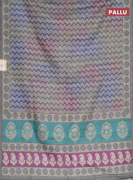 Semi tussar saree blue and grey shade with allover wevy prints and kantha stitch work border