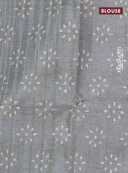 Semi tussar saree blue and grey shade with allover wevy prints and kantha stitch work border
