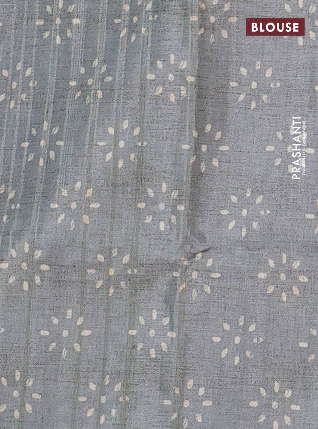 Semi tussar saree blue and grey shade with allover wevy prints and kantha stitch work border