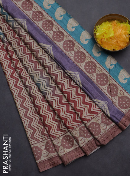 Semi tussar saree cs blue and pastel maroon shade with allover wevy prints and kantha stitch work border