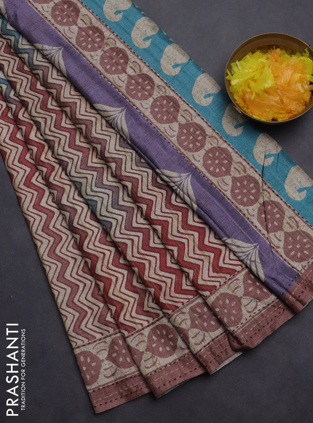 Semi tussar saree cs blue and pastel maroon shade with allover wevy prints and kantha stitch work border