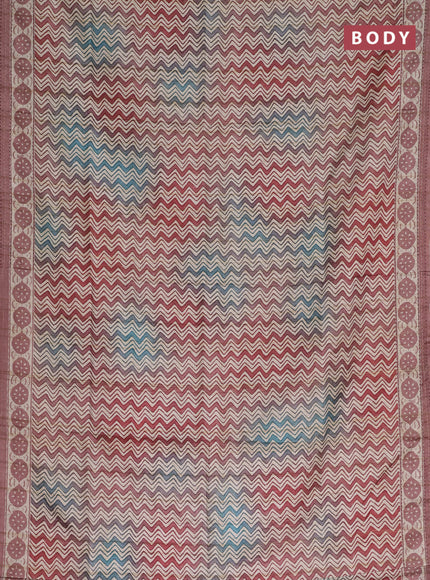 Semi tussar saree cs blue and pastel maroon shade with allover wevy prints and kantha stitch work border