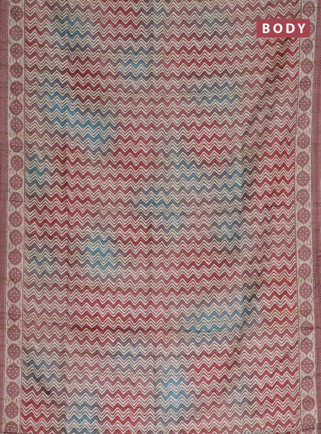 Semi tussar saree cs blue and pastel maroon shade with allover wevy prints and kantha stitch work border