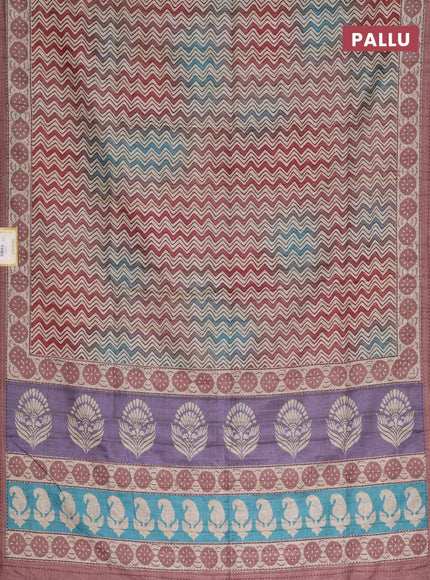 Semi tussar saree cs blue and pastel maroon shade with allover wevy prints and kantha stitch work border