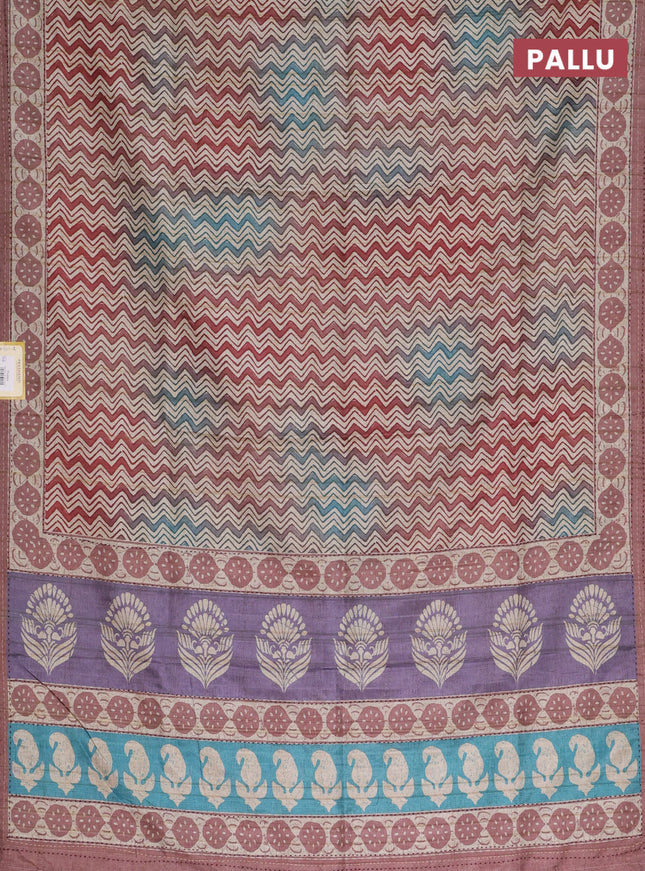 Semi tussar saree cs blue and pastel maroon shade with allover wevy prints and kantha stitch work border