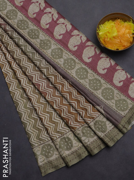 Semi tussar saree brown shade and pastel green with allover wevy prints and kantha stitch work border
