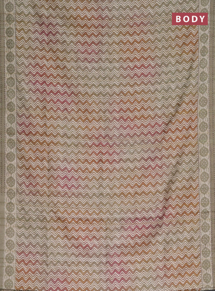 Semi tussar saree brown shade and pastel green with allover wevy prints and kantha stitch work border