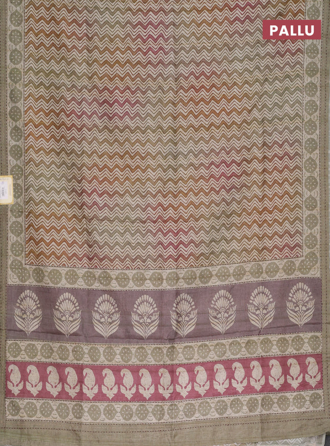 Semi tussar saree brown shade and pastel green with allover wevy prints and kantha stitch work border