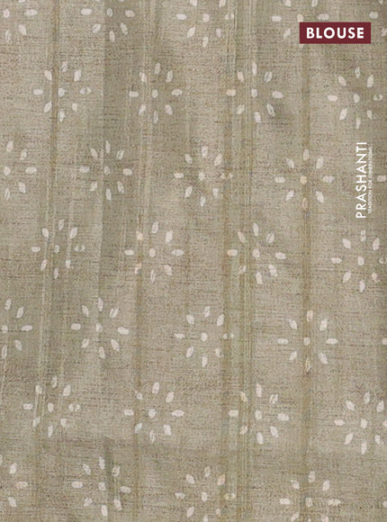 Semi tussar saree brown shade and pastel green with allover wevy prints and kantha stitch work border