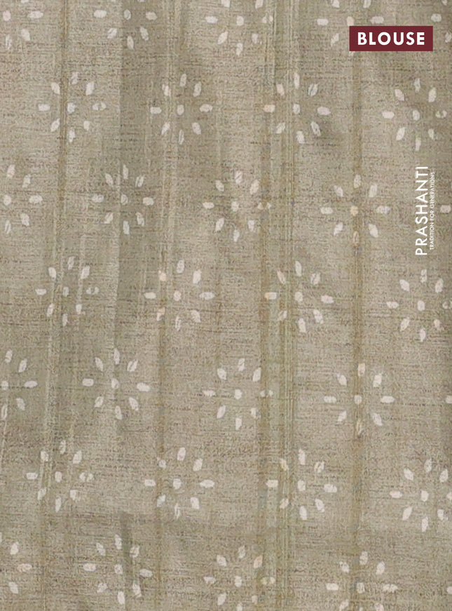 Semi tussar saree brown shade and pastel green with allover wevy prints and kantha stitch work border