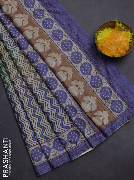 Semi tussar saree green shade and violet with allover wevy prints and kantha stitch work border