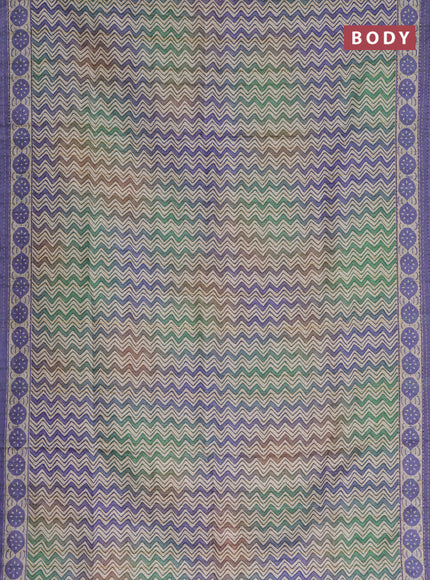 Semi tussar saree green shade and violet with allover wevy prints and kantha stitch work border
