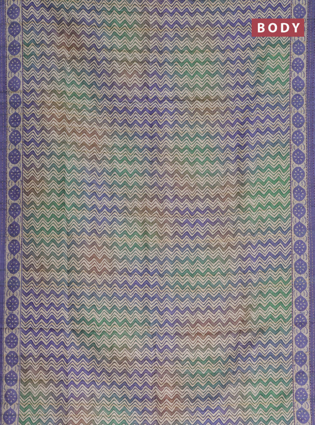 Semi tussar saree green shade and violet with allover wevy prints and kantha stitch work border