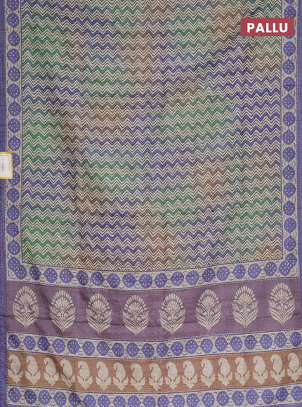 Semi tussar saree green shade and violet with allover wevy prints and kantha stitch work border