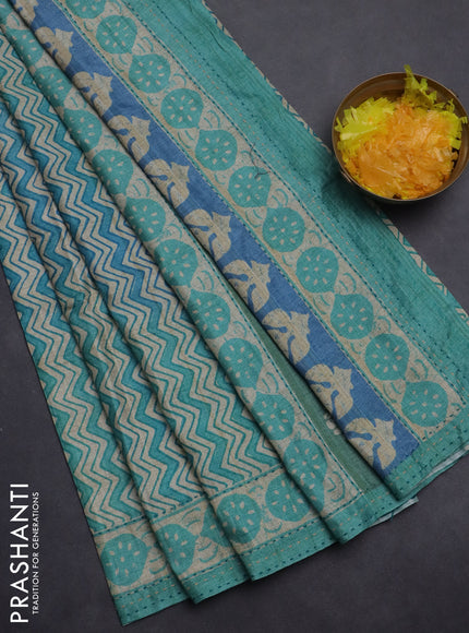 Semi tussar saree teal green and teal blue with allover wevy prints and kantha stitch work border