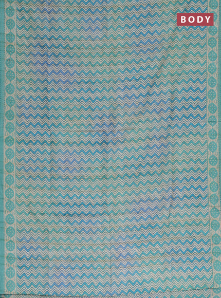Semi tussar saree teal green and teal blue with allover wevy prints and kantha stitch work border
