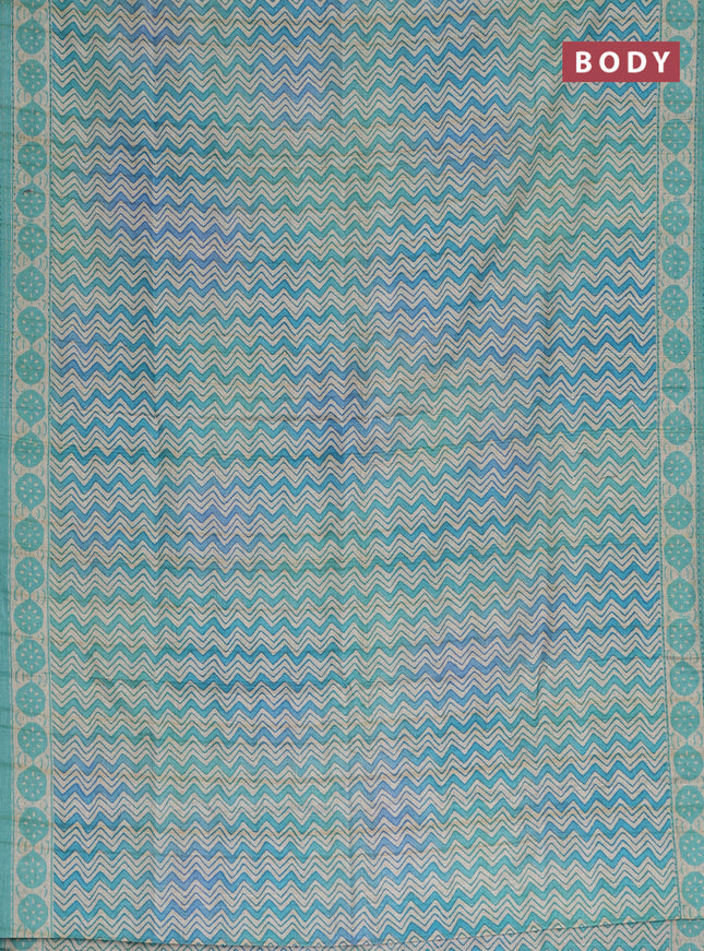 Semi tussar saree teal green and teal blue with allover wevy prints and kantha stitch work border