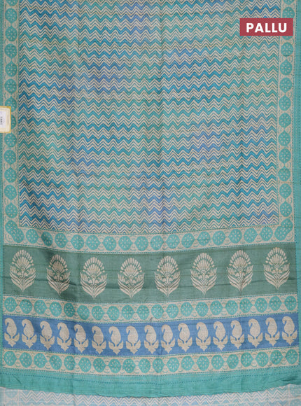 Semi tussar saree teal green and teal blue with allover wevy prints and kantha stitch work border