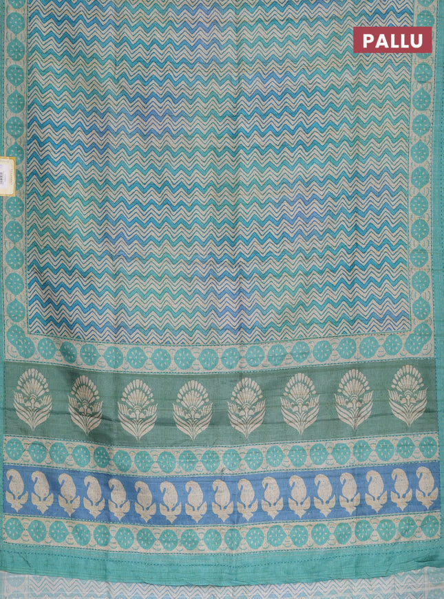 Semi tussar saree teal green and teal blue with allover wevy prints and kantha stitch work border
