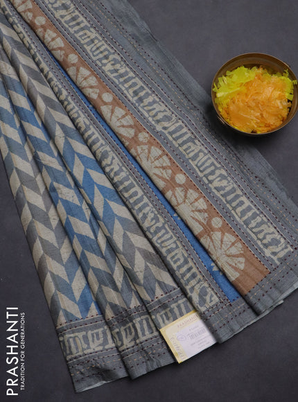 Semi tussar saree blue shade and grey shade with allover geometric prints and kantha stitch work border