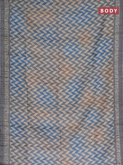 Semi tussar saree blue shade and grey shade with allover geometric prints and kantha stitch work border