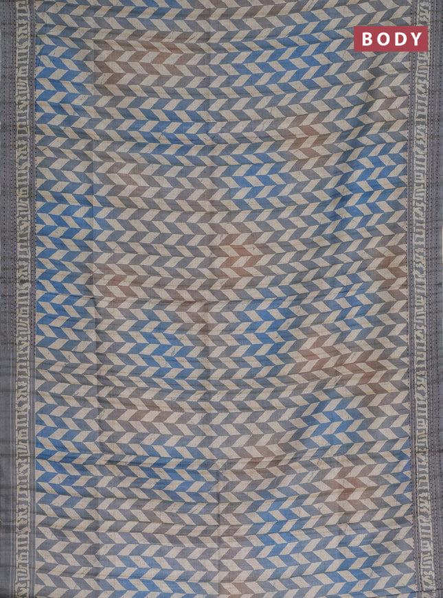 Semi tussar saree blue shade and grey shade with allover geometric prints and kantha stitch work border
