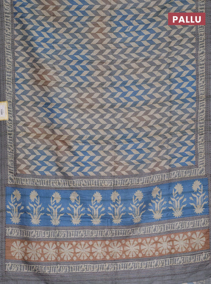 Semi tussar saree blue shade and grey shade with allover geometric prints and kantha stitch work border